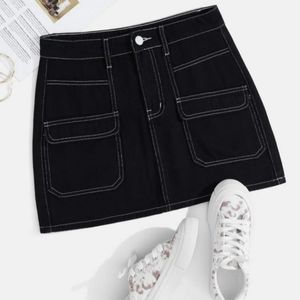 Contrast Topstitching Flap Pockets Skirt